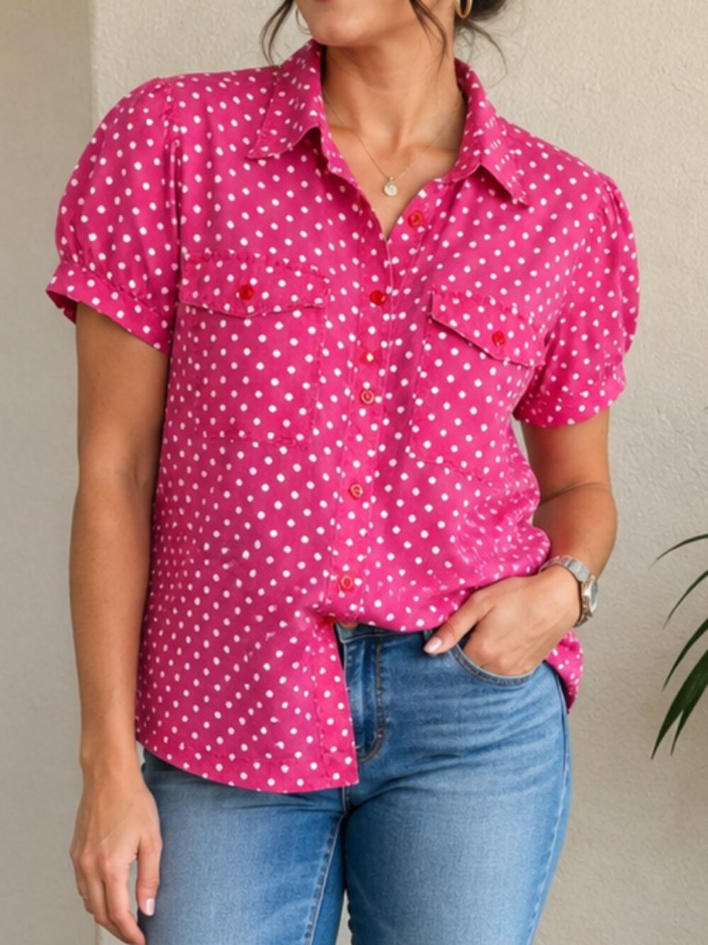 Women's Pink Polka Dot Short-Sleeve Button-Up Blouse